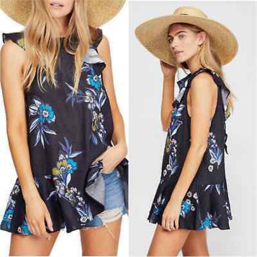 Free People Summer in Tulum Tunic Dress Linen Blend Black Floral Size M Boho